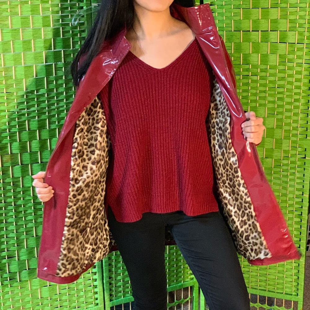 red raincoat PU Patent Leather , cheetah design